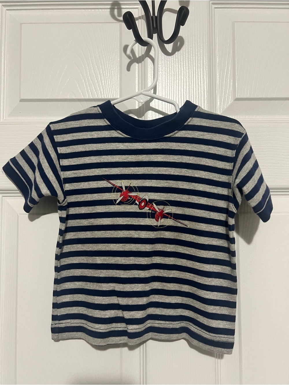Vintage Carter's Navy & Gray Striped Tee with Red Airplane Detail